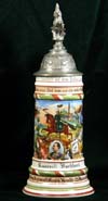 Imperial German Army commemorative stein of Reservist Burkhard of the 1. Esk.  Garde Drag. Regiment 1 Grossh Hessian # 23, Darmstadt. 1906-1909